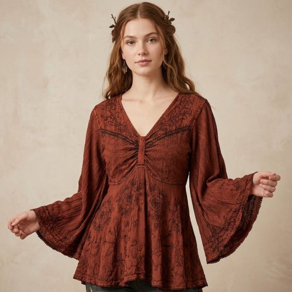 Renaissance Fairy Babydoll Top Womens Sz S Rust Embroidered Boho Whimsigoth Fest